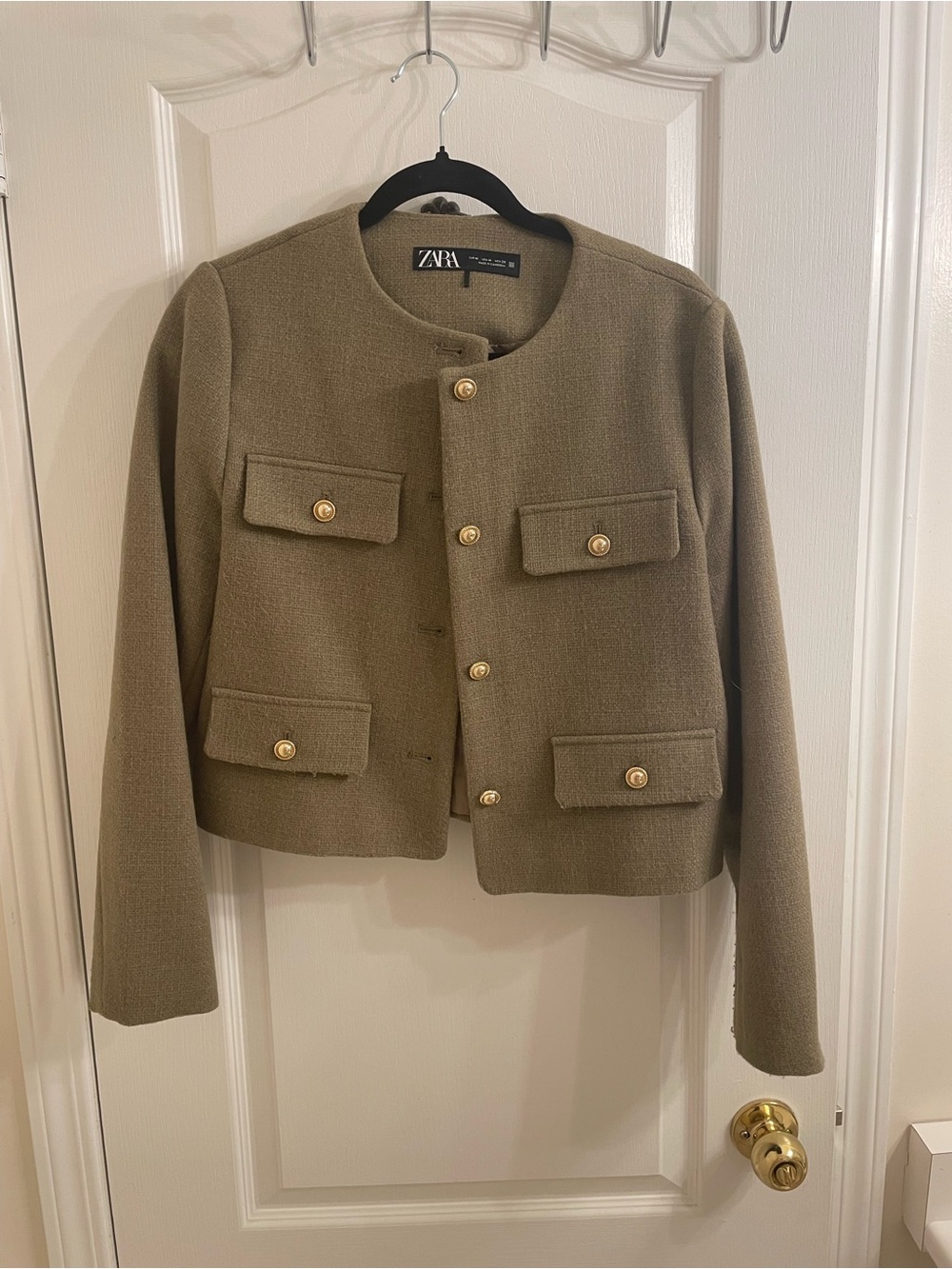 Zara Olive Cropped Military-Inspired Boxy Jacket with Gold Buttons